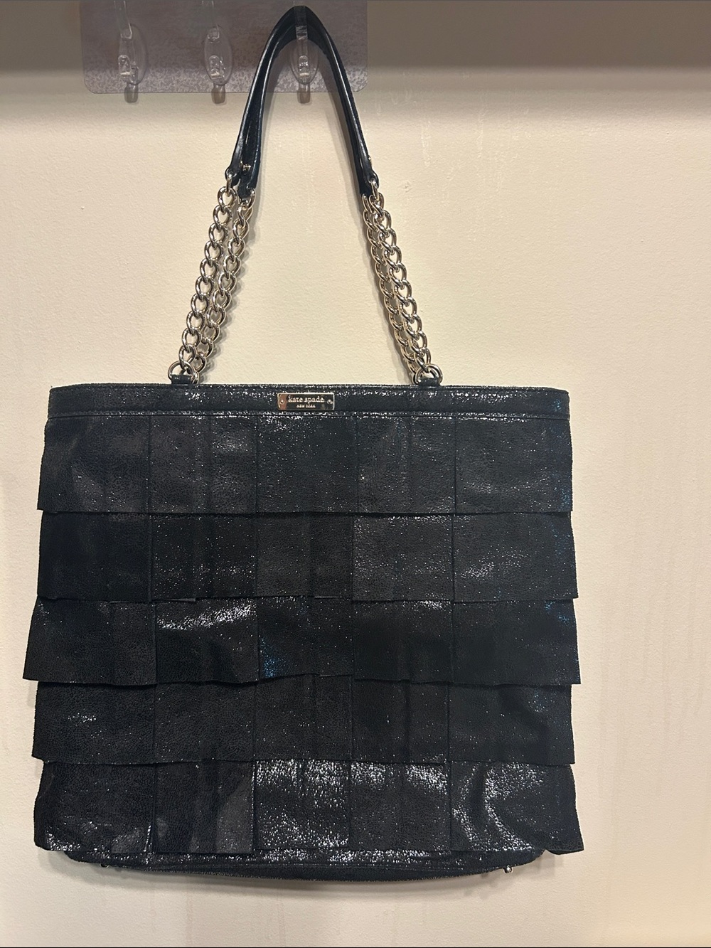 Kate Spade Rare Priti Plisse Black Metallic Leather Ruffle Shoulder Bag
